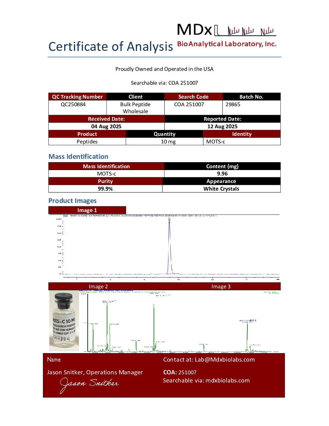 COA 251007 QC250884 MOTS-c COA 251007 QC250884 MOTS c