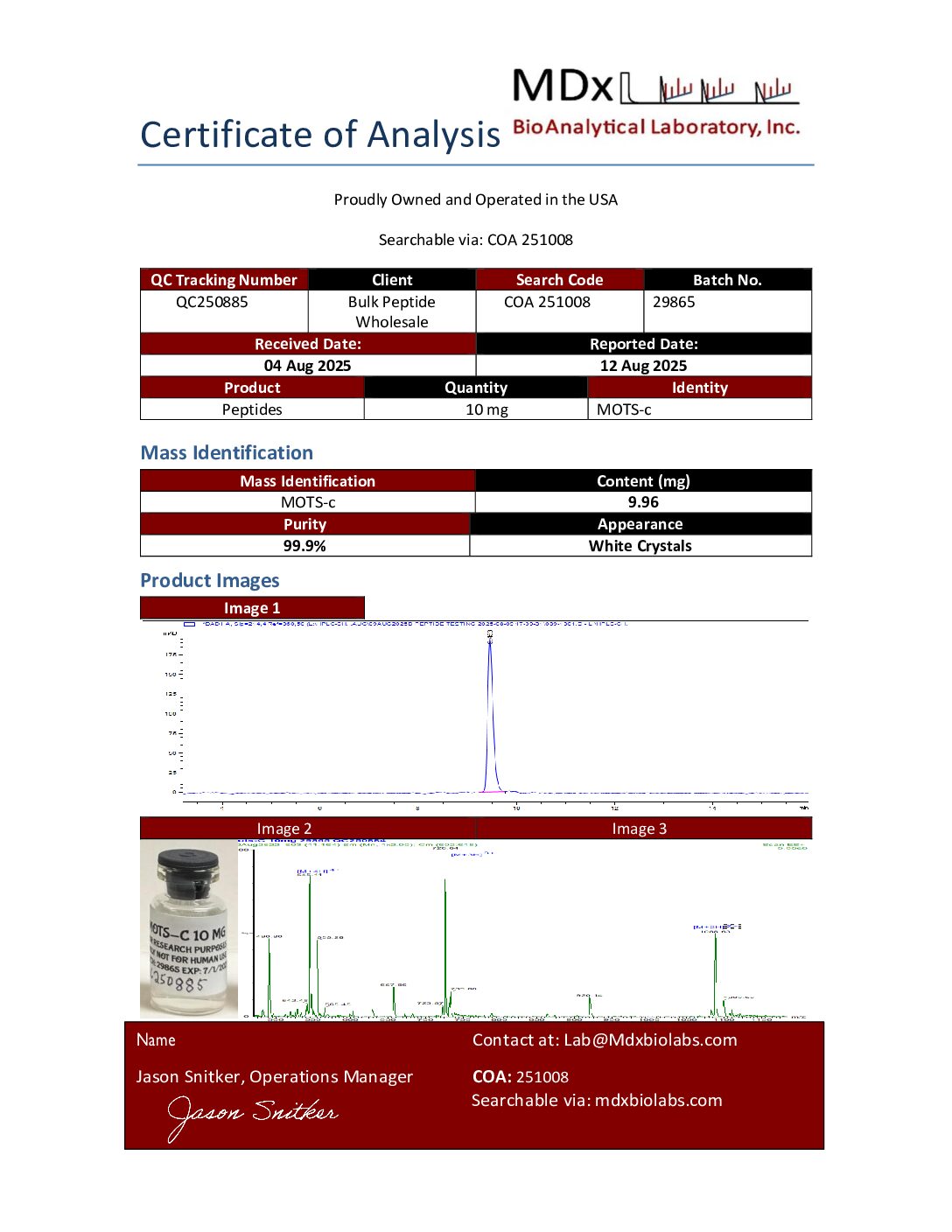 COA 251008 QC250885 MOTS-c COA 251008 QC250885 MOTS c