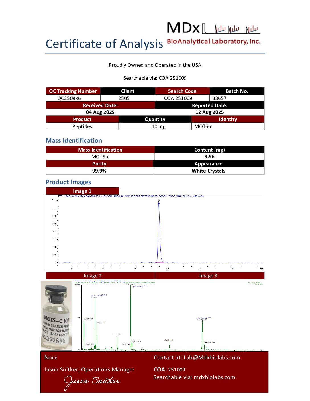 COA 251009 QC250886 MOTS-c COA 251009 QC250886 MOTS c