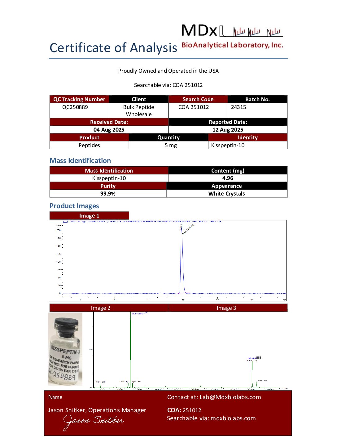 COA 251012 QC250889 Kisspeptin-10 COA 251012 QC250889 Kisspeptin 10