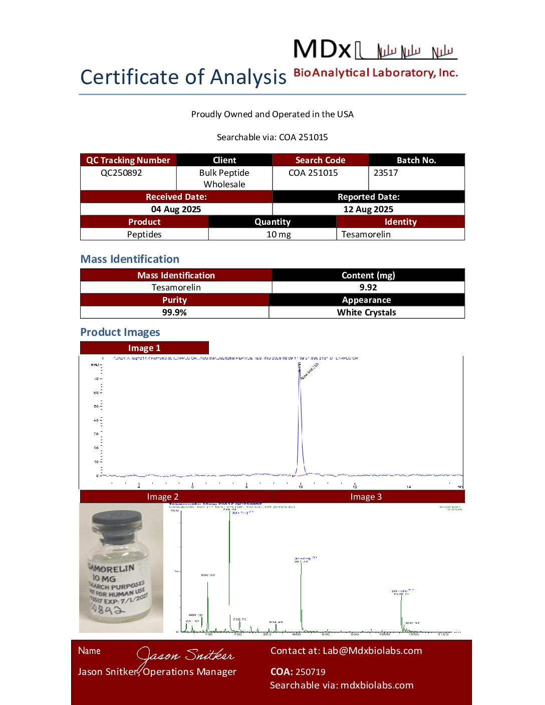 COA 251015 QC250892 Tesamorelin COA 251015 QC250892 Tesamorelin
