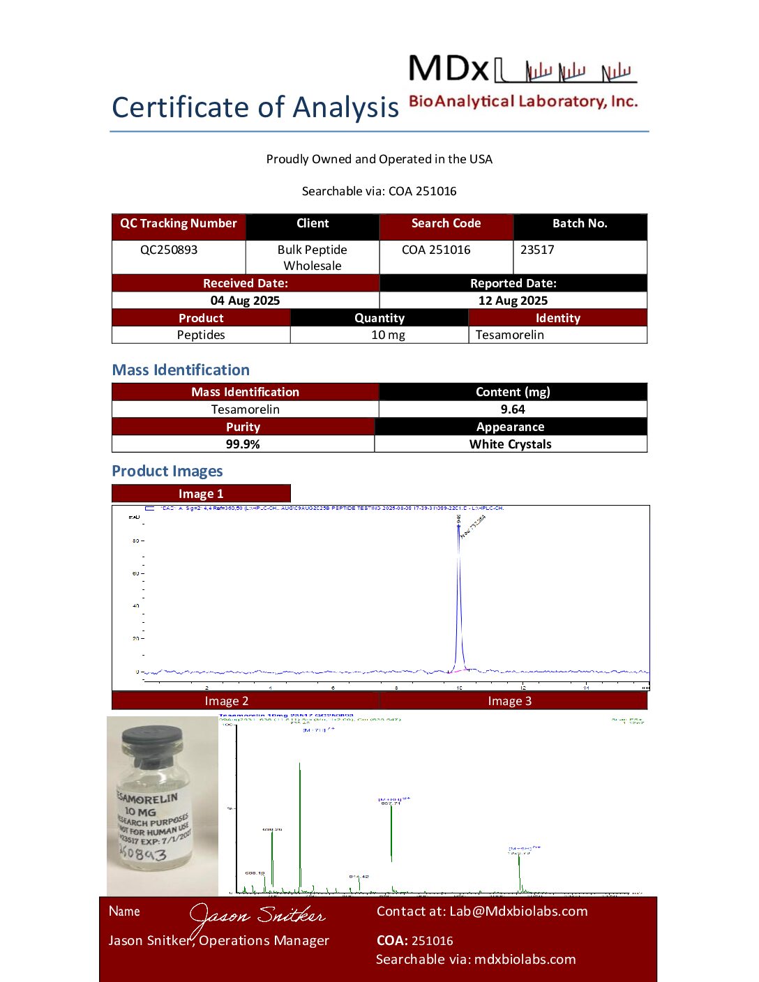 COA 251016 QC250893 Tesamorelin COA 251016 QC250893 Tesamorelin