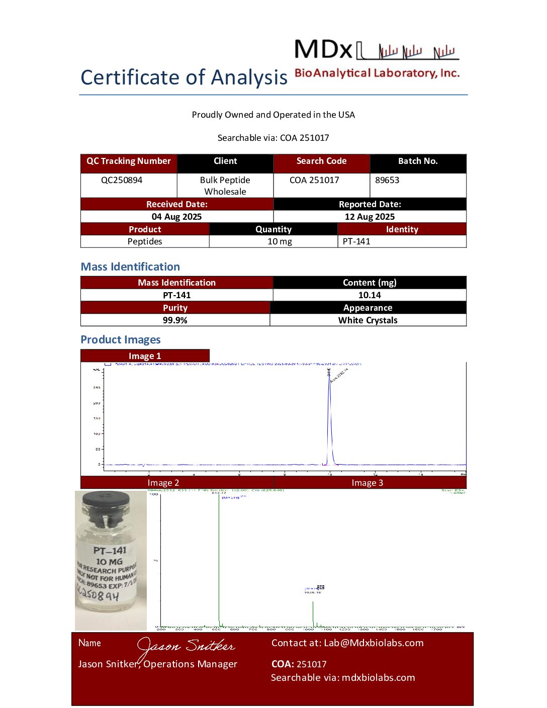 COA 251017 QC250894 PT-141 COA 251017 QC250894 PT 141