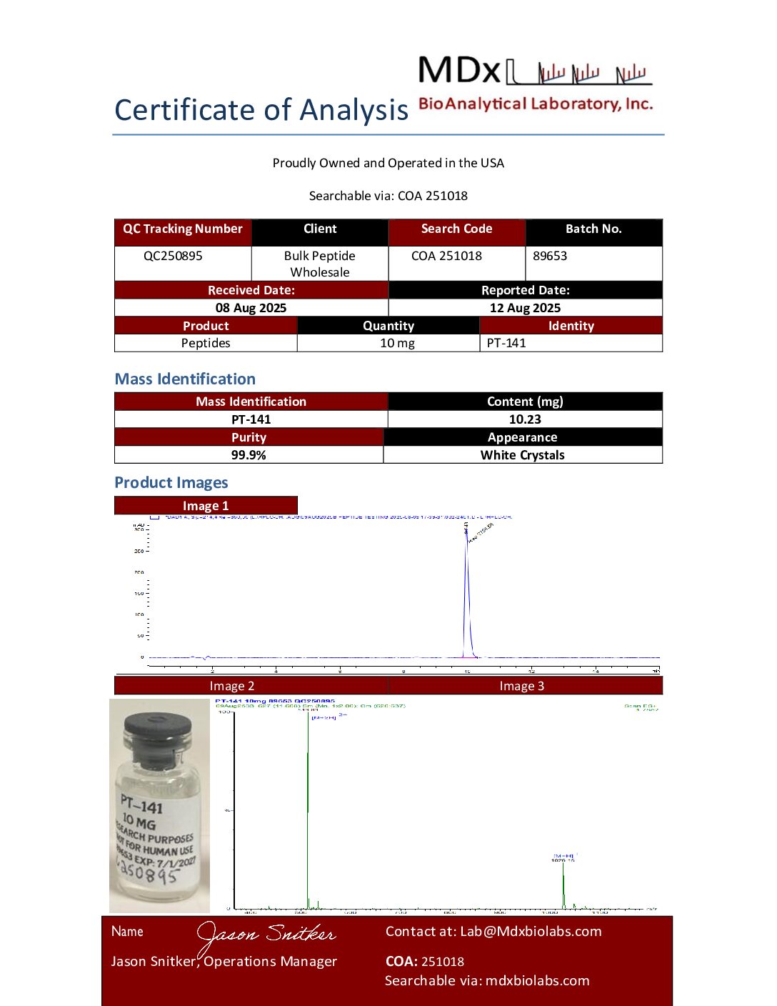 COA 251018 QC250895 PT-141 COA 251018 QC250895 PT 141