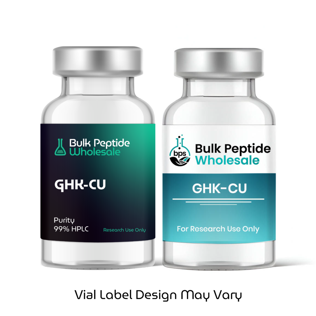 Bulk Peptide Wholesale GHK-CU glass vials showing two label design variations, labeled 99% HPLC purity for research use only.