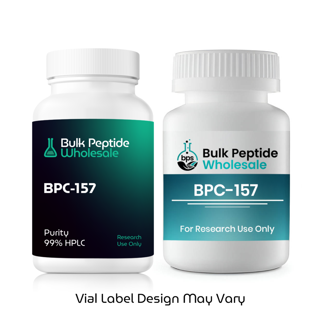 Bulk Peptide Wholesale BPC-157 bottles showing two label design variations, labeled 99% HPLC purity for research use only.