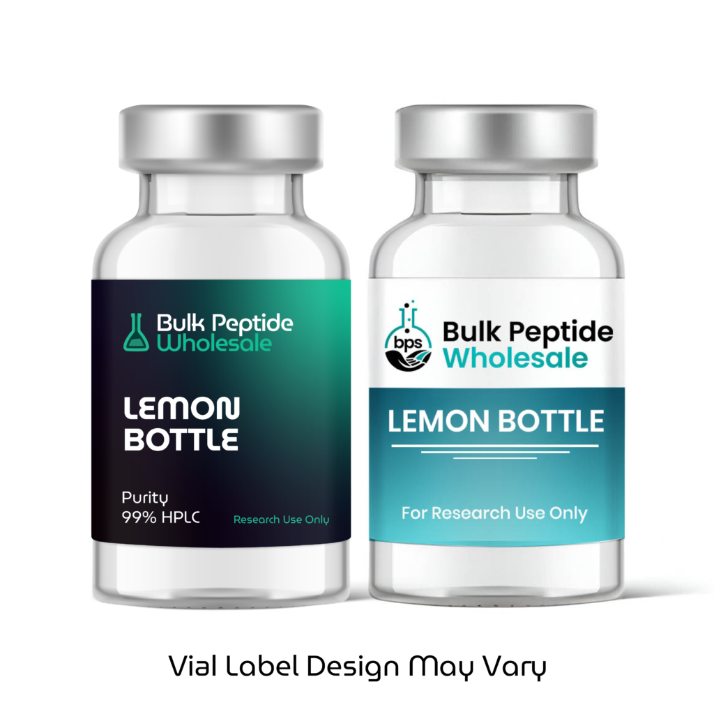 Bulk Peptide Wholesale Lemon Bottle glass vials showing two label design variations, labeled 99% HPLC purity for research use only.