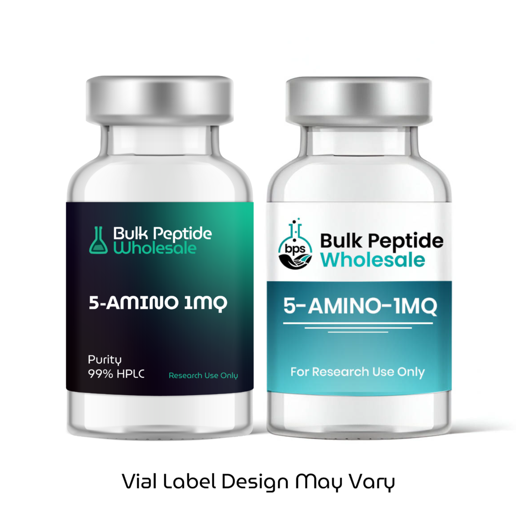Bulk Peptide Wholesale 5-Amino 1MQ glass vials showing two label design variations, labeled 99% HPLC purity for research use only.