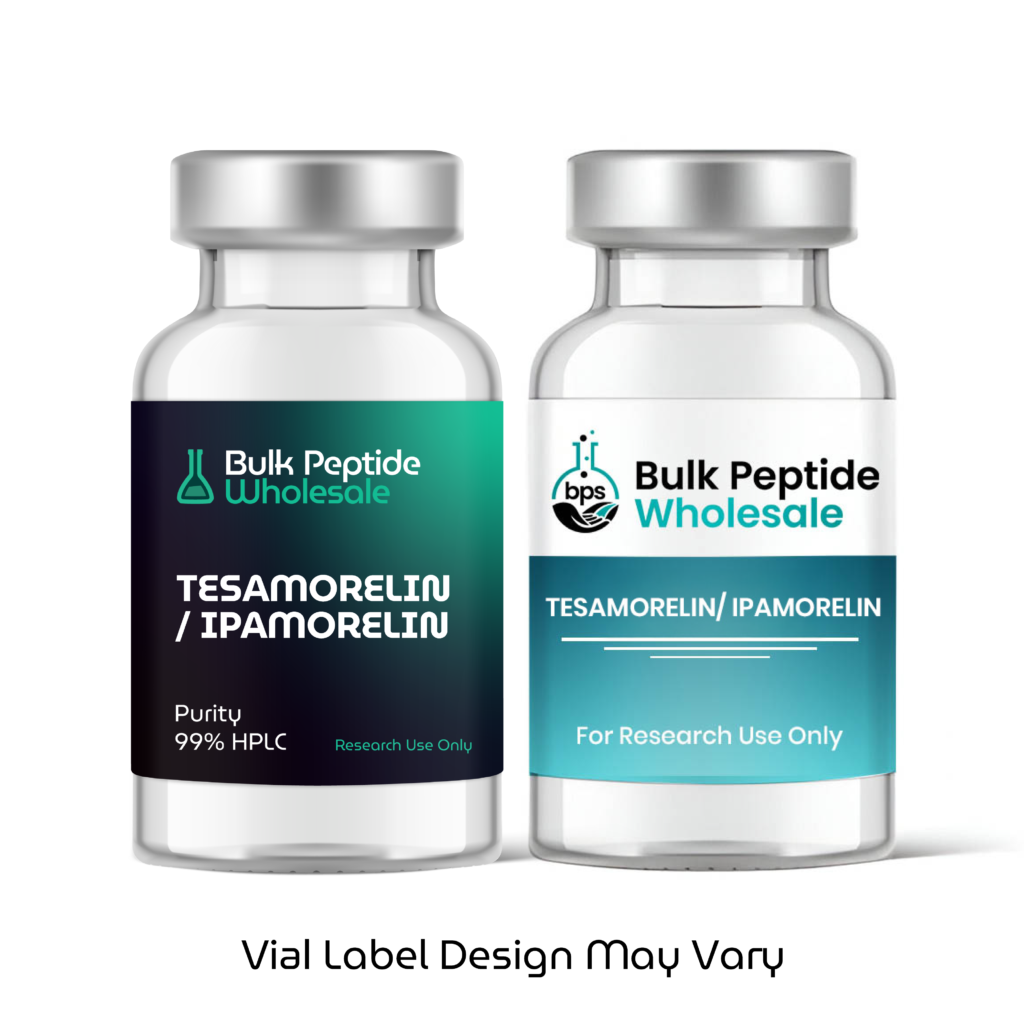 Bulk Peptide Wholesale Tesamorelin/Ipamorelin glass vials showing two label design variations, labeled 99% HPLC purity for research use only.
