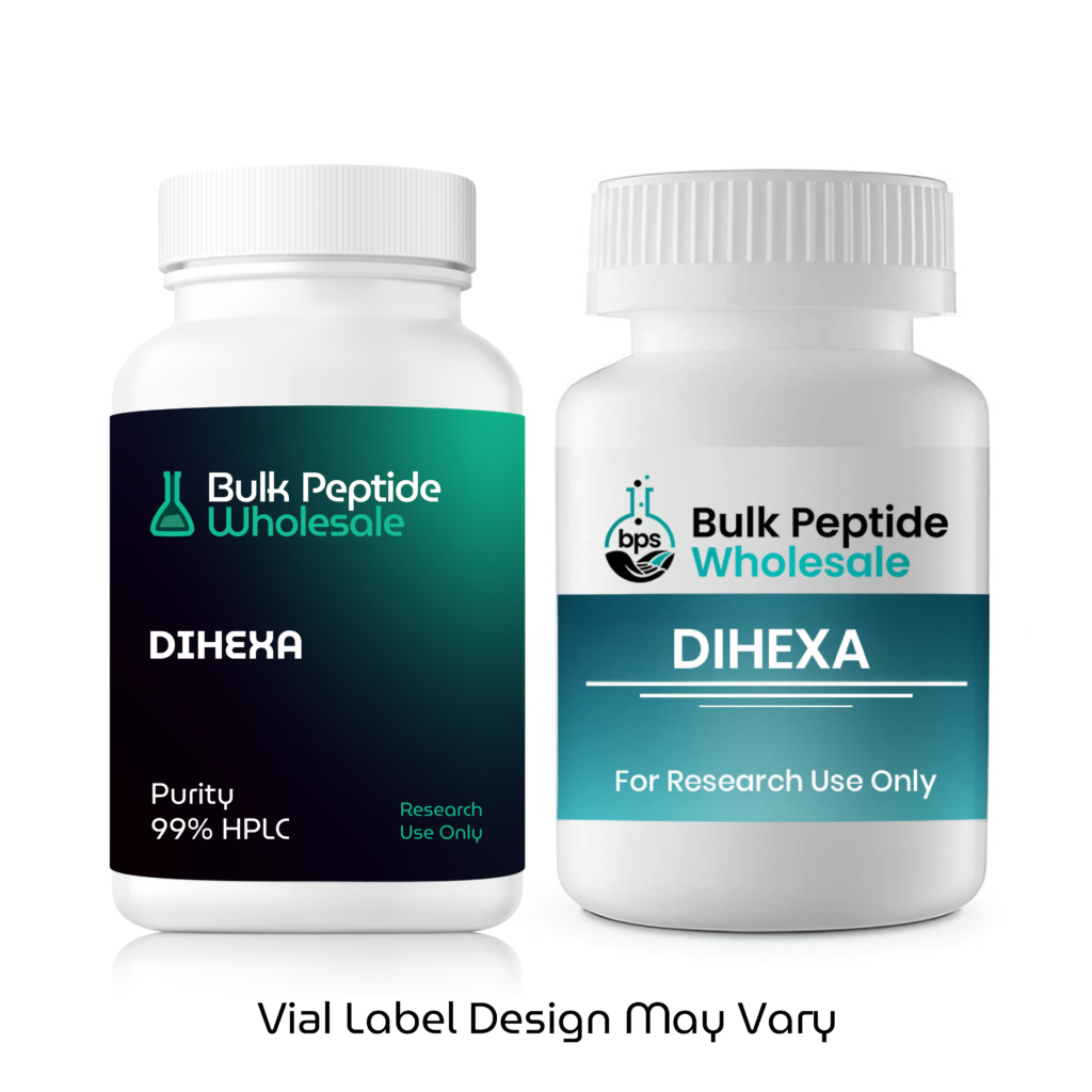 Bulk Peptide Wholesale Dihexa bottles showing two label design variations, labeled 99% HPLC purity for research use only.